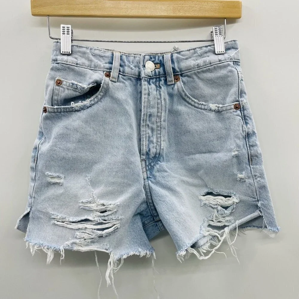 Zara Womens Size 2 Distressed High Waisted Mom Fit Denim Shorts Light Blue 2295